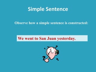 Simple Sentence
We went to San Juan yesterday.
Observe how a simple sentence is constructed:
 