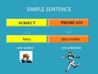 SIMPLE SENTENCE
Mary plays tennis.
SUBJECT PREDICATE
one subject one predicate
 