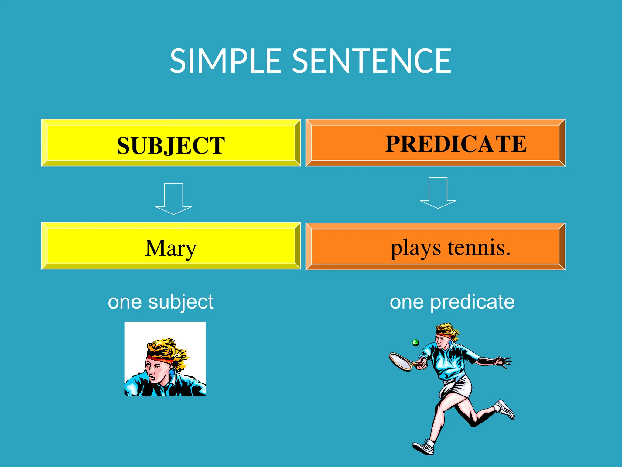 SIMPLE SENTENCE
Mary plays tennis.
SUBJECT PREDICATE
one subject one predicate
 