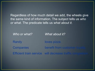 Regardless of how much detail we add, the wheels give
the same kind of information. The subject tells us who
or what. The predicate tells us what about it.


 Who or what?            What about it?

 Randy                   loves pizza.
 Companies               benefit from customer loyalty.
 Efficient train service will decrease traffic congestion.
 