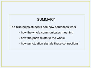 SUMMARY

The bike helps students see how sentences work
      - how the whole communicates meaning
      - how the parts relate to the whole
      - how punctuation signals these connections.
 