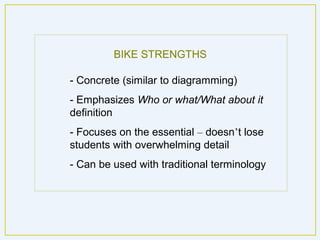 BIKE STRENGTHS

- Concrete (similar to diagramming)
- Emphasizes Who or what/What about it
definition
- Focuses on the essential – doesn’t lose
students with overwhelming detail
- Can be used with traditional terminology
 
