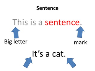 Sentence
This is a sentence.
Big letter mark
It’s a cat.
 