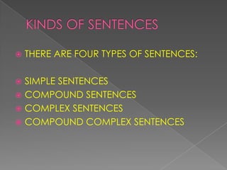  THERE ARE FOUR TYPES OF SENTENCES:
 SIMPLE SENTENCES
 COMPOUND SENTENCES
 COMPLEX SENTENCES
 COMPOUND COMPLEX SENTENCES
 