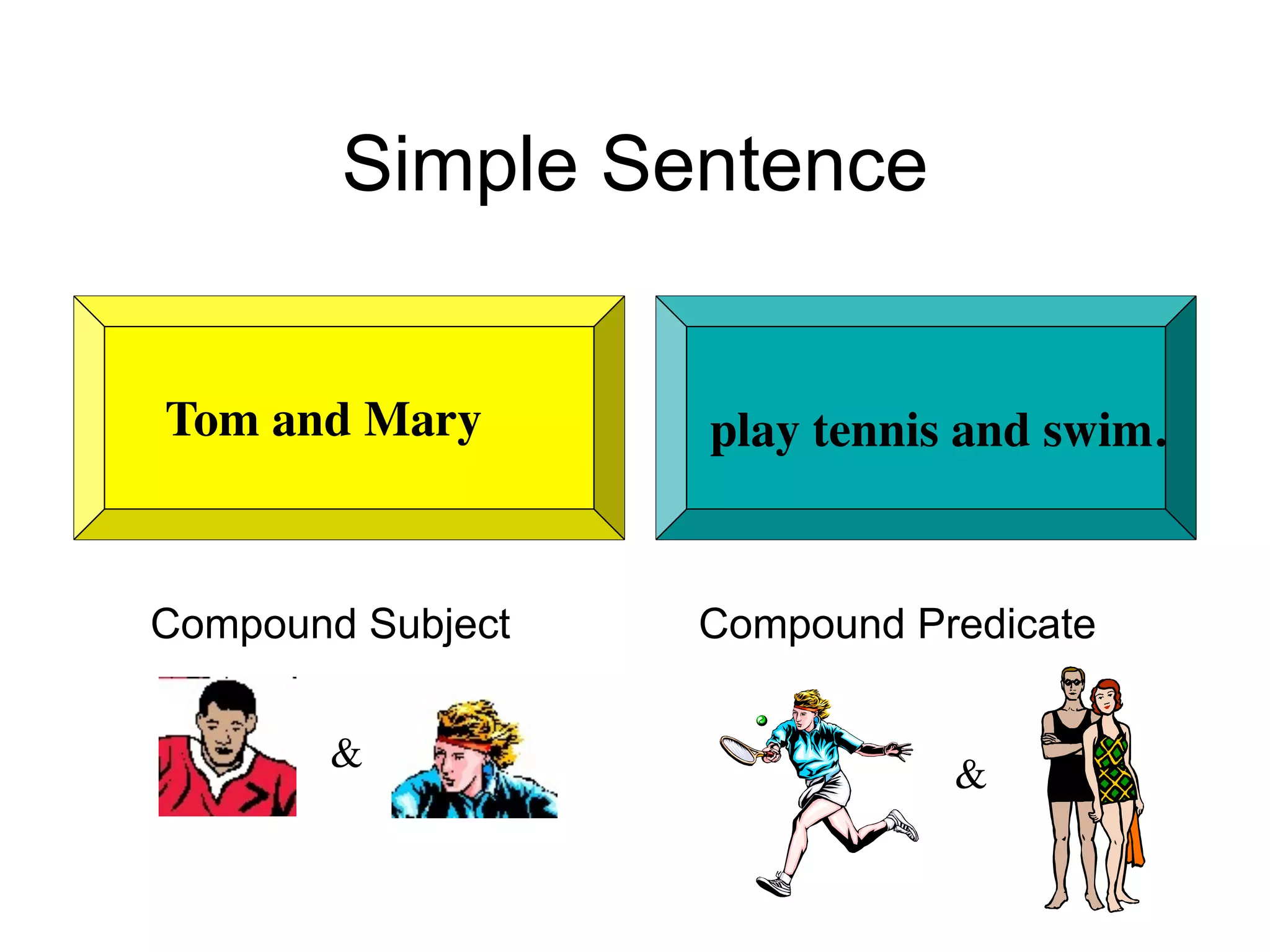 Simple Sentence


Tom and Mary       play tennis and swim.


Compound Subject   Compound Predicate


       &                      &
 