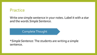 Practice 
Write one simple sentence in your notes. Label it with a star 
and the words Simple Sentence. 
Complete Thought ...