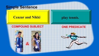 Simple Sentence
play tennis.Ceazar and Nikki
COMPOUND SUBJECT
&
ONE PREDICATE
 