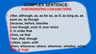 COMPLEX SENTENCE:
SUBORDINATING CONJUNCTIONS
• After, although, as, as far as, as if, as long as, as
soon as, as though
• ...