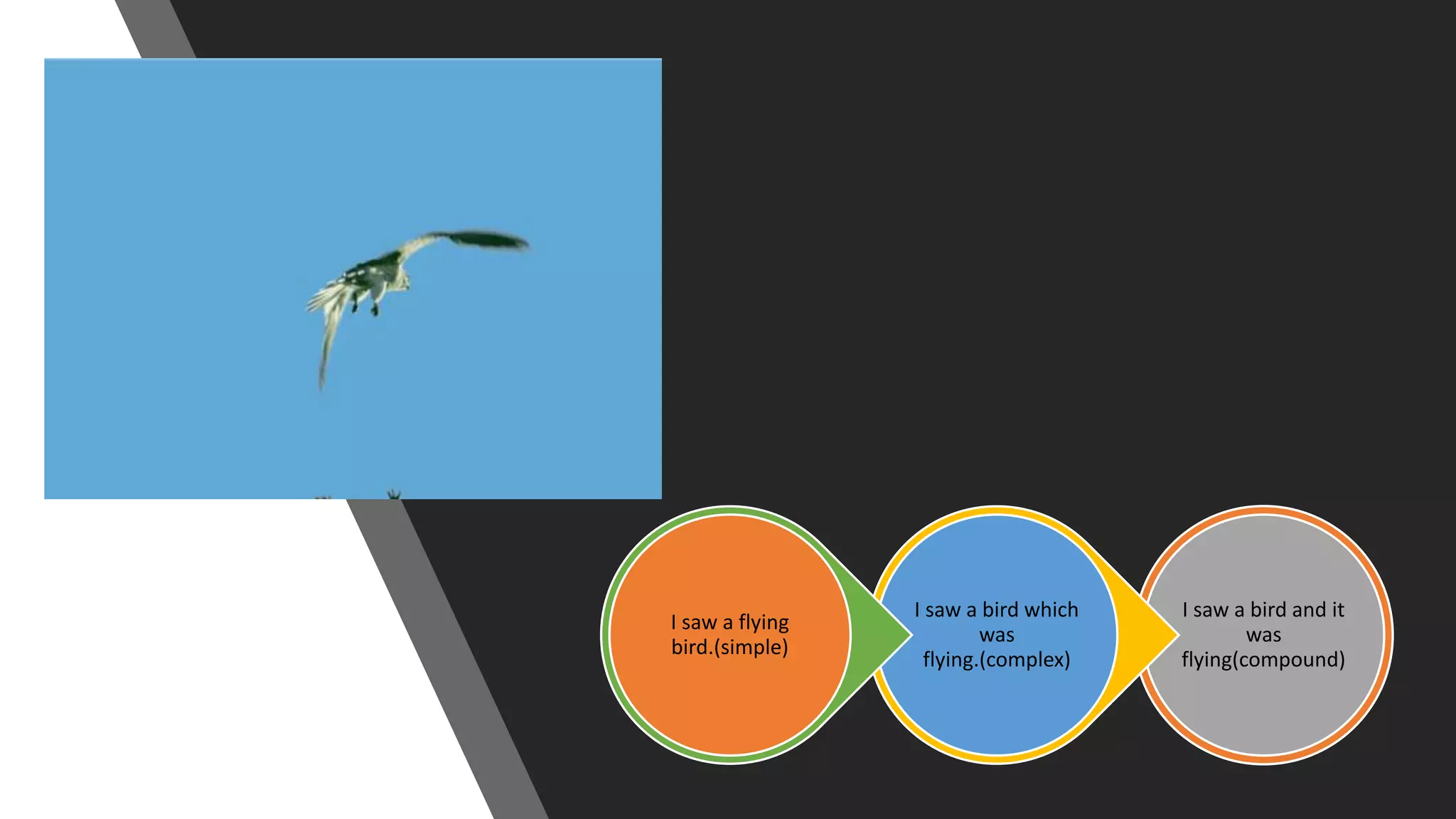 I saw a bird and it
was
flying(compound)
I saw a bird which
was
flying.(complex)
I saw a flying
bird.(simple)
 