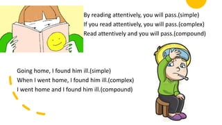 By reading attentively, you will pass.(simple)
If you read attentively, you will pass.(complex)
Read attentively and you will pass.(compound)
Going home, I found him ill.(simple)
When I went home, I found him ill.(complex)
I went home and I found him ill.(compound)
 