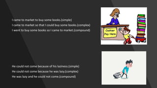 I came to market to buy some books.(simple)
I came to market so that I could buy some books.(complex)
I went to buy some books so I came to market.(compound)
He could not come because of his laziness.(simple)
He could not come because he was lazy.(complex)
He was lazy and he could not come.(compound)
 