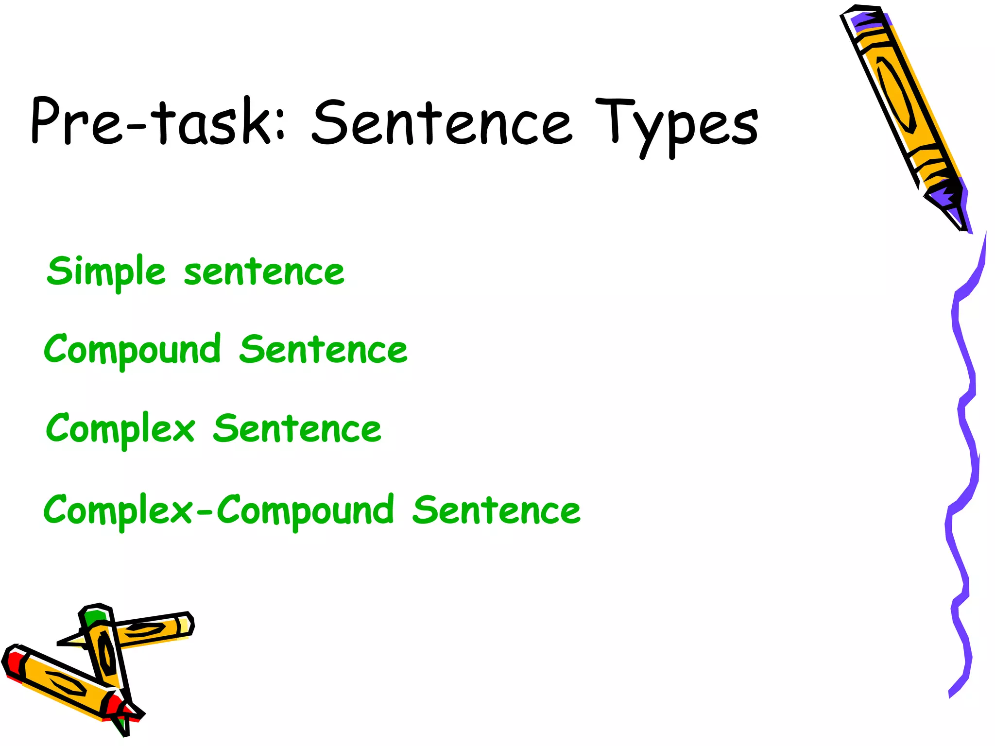 Pre-task: Sentence Types Simple sentence Compound Sentence Complex Sentence  Complex-Compound Sentence  