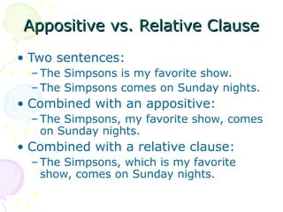 Appositive vs. Relative Clause
• Two sentences:
  – The Simpsons is my favorite show.
  – The Simpsons comes on Sunday nights.
• Combined with an appositive:
  – The Simpsons, my favorite show, comes
    on Sunday nights.
• Combined with a relative clause:
  – The Simpsons, which is my favorite
    show, comes on Sunday nights.
 
