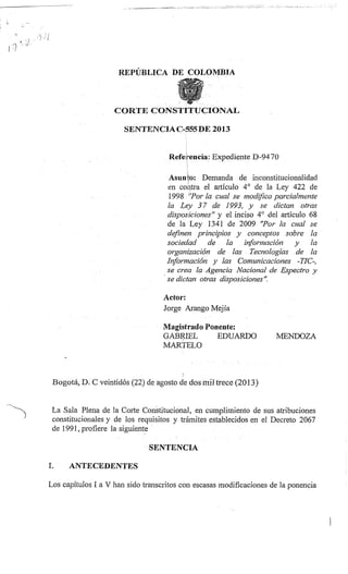 Sentencia C-555 de 2013, sobre reversión de telefonía celular en colombia