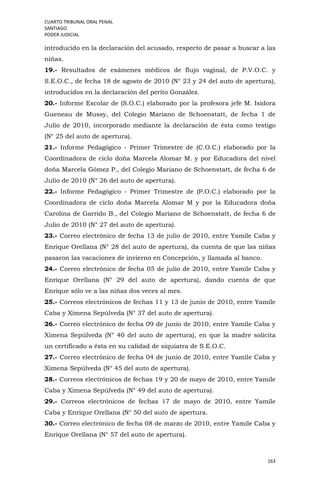 CUARTO TRIBUNAL ORAL PENAL
SANTIAGO
PODER JUDICIAL
163
introducido en la declaración del acusado, respecto de pasar a buscar a las
niñas.
19.- Resultados de exámenes médicos de flujo vaginal, de P.V.O.C. y
S.E.O.C., de fecha 18 de agosto de 2010 (N° 23 y 24 del auto de apertura),
introducidos en la declaración del perito González.
20.- Informe Escolar de (S.O.C.) elaborado por la profesora jefe M. Isidora
Gueneau de Mussy, del Colegio Mariano de Schoenstatt, de fecha 1 de
Julio de 2010, incorporado mediante la declaración de ésta como testigo
(N° 25 del auto de apertura).
21.- Informe Pedagógico - Primer Trimestre de (C.O.C.) elaborado por la
Coordinadora de ciclo doña Marcela Alomar M. y por Educadora del nivel
doña Marcela Gómez P., del Colegio Mariano de Schoenstatt, de fecha 6 de
Julio de 2010 (N° 26 del auto de apertura).
22.- Informe Pedagógico - Primer Trimestre de (P.O.C.) elaborado por la
Coordinadora de ciclo doña Marcela Alomar M y por la Educadora doña
Carolina de Garrido B., del Colegio Mariano de Schoenstatt, de fecha 6 de
Julio de 2010 (N° 27 del auto de apertura).
23.- Correo electrónico de fecha 13 de julio de 2010, entre Yamile Caba y
Enrique Orellana (N° 28 del auto de apertura), da cuenta de que las niñas
pasaron las vacaciones de invierno en Concepción, y llamada al banco.
24.- Correo electrónico de fecha 05 de julio de 2010, entre Yamile Caba y
Enrique Orellana (N° 29 del auto de apertura), dando cuenta de que
Enrique sólo ve a las niñas dos veces al mes.
25.- Correos electrónicos de fechas 11 y 13 de junio de 2010, entre Yamile
Caba y Ximena Sepúlveda (N° 37 del auto de apertura).
26.- Correo electrónico de fecha 09 de junio de 2010, entre Yamile Caba y
Ximena Sepúlveda (N° 40 del auto de apertura), en que la madre solicita
un certificado a ésta en su calidad de siquiatra de S.E.O.C.
27.- Correo electrónico de fecha 04 de junio de 2010, entre Yamile Caba y
Ximena Sepúlveda (N° 45 del auto de apertura).
28.- Correos electrónicos de fechas 19 y 20 de mayo de 2010, entre Yamile
Caba y Ximena Sepúlveda (N° 49 del auto de apertura).
29.- Correos electrónicos de fechas 17 de mayo de 2010, entre Yamile
Caba y Enrique Orellana (N° 50 del auto de apertura.
30.- Correo electrónico de fecha 08 de marzo de 2010, entre Yamile Caba y
Enrique Orellana (N° 57 del auto de apertura).
 