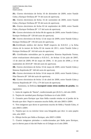 CUARTO TRIBUNAL ORAL PENAL
SANTIAGO
PODER JUDICIAL
164
31.- Correo electrónico de fecha 10 de diciembre de 2009, entre Yamile
Caba y Enrique Orellana (N° 74 del auto de apertura).
32.- Correo electrónico de fecha 16 de noviembre de 2009, entre Yamile
Caba y Enrique Orellana (N° 95 del auto de apertura).
33.- Correo electrónico de fecha 03 de septiembre de 2009, entre Yamile
Caba y Enrique Orellana (N° 117 del auto de apertura).
34.- Correo electrónico de fecha 06 de agosto de 2009, entre Yamile Caba y
Enrique Orellana (N° 120 del auto de apertura).
35.- Correo electrónico de fecha 12 de mayo de 2009, entre Yamile Caba y
Enrique Orellana (N° 146 del auto de apertura).
36.-Certificado médico del doctor Wolff respecto de S.E.O.C. y la ficha
clínica de la menor de fecha 03 de marzo de 2011, entre Yamile Caba y
Enrique Orellana (N° 163 del auto de apertura).
37.- Certificados extendidos por la psiquiatra Ximena Sepúlveda Tormo,
sobre evaluaciones efectuadas a S.E.O.C., de fechas 12 de julio de 2007,
13 de abril de 2009, 09 de mayo de 2008, 11 de junio de 2008, y 10 de
septiembre de 2010 (N° 166 del auto de apertura).
38.- Correo electrónico de fecha 18 de mayo de 2009, entre Yamile Caba y
Ximena Sepúlveda (N° 168 del auto de apertura).
39.- Correo electrónico de fecha 18 de mayo de 2009, entre Yamile Caba y
Pilar Navarro (N° 169 del auto de apertura).
40.- Correo electrónico de fecha 13 de abril de 2009, entre Yamile Caba y
Ximena Sepúlveda (N° 173 y 174 del auto de apertura).
Asimismo, la Defensa incorporó como otros medios de prueba, los
siguientes:
1.- Lista de regalos de “Santa”, confeccionado por (S.O.C.), del año 2009.
2.- Tarjeta de navidad para Enrique Orellana en el año 2009.
3.- Corazón para Enrique que hizo Sofía cuando estaba en el jardín de la
Scuola que dice: Papá te amamos mucho Sofía, del año 2003 ó 2004.
4.- Tres imágenes que dicen te queremos mucho de Sofía y Yamile Caba, el
año 2003 ó 2004.
5.- Tarjeta que en su interior tiene una fotografía que dice: te amo papito
mío, año 2007.
6.- Dibujo hecho por Sofía a Enrique, año 2007 ó 2008.
7.- Cuatro imágenes pintadas o confeccionadas por Sofía para Enrique,
que le dieron para el día del Padre en el Colegio en el año 2009.
 