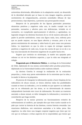CUARTO TRIBUNAL ORAL PENAL
SANTIAGO
PODER JUDICIAL
89
autoestima deteriorada, dificultades en la adaptación social, un desarrollo
de la identidad alterado que se basa en esta imagen negativa, presenta
sentimientos de estigmatización, presenta ansiedades difusas de tipo
persecutorias y tipo depresiva, y presenta una preocupación sexual.
Respecto de la percepción de las figuras parentales presentan
elementos positivos y negativos cada uno, la madre cumple con rol
proveedor, normativo y afectivo pero con deficiencias, irritable en el
normativo, no cumpliendo oportunamente el afectivo, y agotándose, no
logrando integrar las distintas funciones de su rol de manera adecuada. Al
padre lo percibe ambivalente, como una figura mala, loca, enferma pero
que se puede mejorar, es una figura afectiva y cercana, pero a la vez
genera sentimientos de amenaza y rabia hacia él, pero como una persona
lúdica. Lo importante es que la niña es capaz de entregar aspectos
positivos y negativos de cada uno, lo que da cuenta de que no se da o no
hay una inoculación de elementos negativos de un padre hacia otro.
Sugiere que continúe en sicoterapia, la madre sea apoyada para
reforzar su rol en los distintos aspectos, y que la niña sea integrada al
colegio.
Preguntada por el Ministerio Público, es sicóloga de la Universidad
de Chile, diplomado de esa misma universidad sobre pruebas proyectivas,
diplomado en la Universidad Católica sobre maltrato infantil.
La doctora Concha le encargó la realización de la evaluación
proyectiva, y tenía muy pocos antecedentes de la entrevista que la niña y
la madre le dieron a la psiquiatra.
El proceso de triangular la información ayuda a hacer limpieza de los
indicadores de abuso sexual, se tienen abiertas todas las posibilidades
cuando se tiene un indicador, y en la medida en que aparece un indicador
que se va reforzando por las áreas, se va determinando de manera
independiente haciendo este cruce de información. No existe un trastorno
asociado a abuso sexual, se debe triangular la información y encontrar la
constelación que haga sentido.
Respecto de la menor presenta un funcionamiento evitativo de
enfrentamiento al conflicto, por ejemplo dice que tiene sueño cuando se le
pide que cuente la historia de las láminas, cuenta historia resumida. Las
emociones disfóricas, son emociones asociadas a la rabia, pena. Son
negativos. La niña tiene una imagen corporal negativa que tiene que ver
con que se rechazan o evitan aspectos de la corporalidad, que tienen que
 