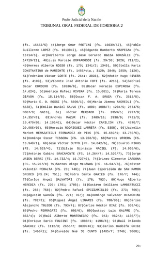 Poder Judicial de la Nación
TRIBUNAL ORAL FEDERAL DE CORDOBA 2
(fs. 15683/5) 44)Jorge Omar PRETINI (fs. 16039/42), 45)Pablo
Guillermo LOPEZ (fs. 16130/2), 46)Edgardo Humberto MARPEGAN (fs.
16714/6), 47)Heriberto Jorge José Gerardo BAEZA GONZÁLEZ (fs.
14719/21), 48)Luis Marcelo BOFFADOSSI (fs. 29/30; 1020; 711/2),
49)Hermes Alberto ROSSO (fs. 179; 1341/2; 1345), 50)Stella Maris
CONSTANTINO de MARCONTE (fs. 1488/vta.; 3120; 2846; 2859; 3126),
51)Federico Víctor CORTE (fs. 2641; 3036), 52)Héctor Hugo RIVERA
(fs. 4109), 53)Vicente José Antonio FOTI (fs. 4213), 54)Gabriel
Oscar CORDERO (fs. 10536/8), 55)Oscar Horacio ESPINOSA (fs.
14.624), 56)Américo Rafael RIVERA (fs. 15.081), 57)María Teresa
GIAVON (fs. 15.114/5), 58)Oscar F. A. BRUSA (fs. 3813/5),
59)Mario E. O. ROSSI (fs. 5600/1), 60)María Jimena ANDREOLI (fs.
5638), 61)Emilio Daniel SALVO (fs. 1000; 1086/7; 1204/5; 2574/5;
3007/8; 5613), 62) Héctor MERCADO (fs. 2353/5; 2927/9;
14.357/8), 63)Andrés MAZUR (fs. 2409/10; 2938/9; 7421/3;
10.479/80; 14.105/6), 64)Oscar Héctor CAMILION (fs. 4870/7;
20.956/60), 65)Horacio RODRIGUEZ LARRETA (fs. 5358), 66)Jackelin
Market BERAZATEGUI FERNANDEZ de PINO (FS. 10.660/1; 13.755/6),
67)Domingo Oscar TISSERA (FS. 13.938/9), 68)Marcos UTRERA (FS.
13.940/1), 69)José Víctor DUTTO (FS. 14.042/6), 70)Eduardo MIKUS
(FS. 14.053/4), 71)Silvio Dionisio MACIEL (FS. 14.055/6),
72)Antonio Gabino BRACAMONTE (FS. 14.264/7; 14.526/7), 73)Jorge
URIEN BERRI (FS. 14.732/4; 16.727/9), 74)Irineo Clemente CARDONA
(FS. 15.267/8) 75)Santos Diego MIRANDA (FS. 16.637/8), 76)Néstor
Valentín PERALTA (FS. 23; 740); 77)Juan Esperidión de SAN RAMON
SFEBCO (FS.24; 751); 78)Pedro Dante GRAIEB (fs. 176/7; 744);
79)Carlos Ángel SALVATORI (fs. 178; 752); 80)Hugo Alberto
HEREDIA (fs. 220; 1701; 1705); 81)Gustavo Emiliano LAMBERTUCCI
(fs. 265; 758); 82)Pedro Rafael SPIZZAMIGLIO (fs. 273; 766);
83)Agustín GARZÓN (fs. 274; 767); 84)Domingo Salvador BIANCHINI
(fs. 782/3); 85)Miguel Ángel LINARES (fs. 788/90); 86)Carlos
Alejandro TOLEDO (fs. 793/4); 87)Carlos Héctor DIAZ (fs. 803/4);
88)Pedro FERRAGATI (fs. 805/6); 89)Gustavo Luis GALFRE (fs.
883/4); 90)Raúl Alberto MONTENEGRO (fs. 943; 962/3; 1166/7);
91)Enrique Darío FULCINI (fs. 1080/1; 1196/8); 92)Raúl Orlando
SÁNCHEZ (fs. 1112/3; 2656/7; 3039/40); 93)Carlos Rodolfo GHIGI
(fs. 1460/1); 94)Osvaldo Noé DE CUNTO (1485/7; 2746; 3068);
291
 