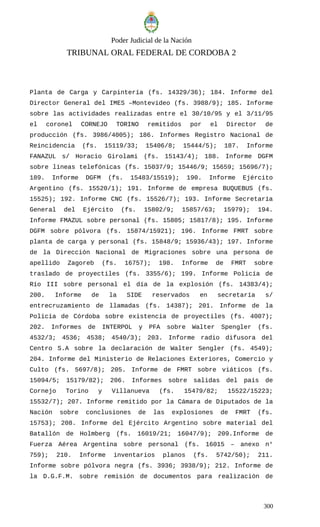 Poder Judicial de la Nación
TRIBUNAL ORAL FEDERAL DE CORDOBA 2
Planta de Carga y Carpintería (fs. 14329/36); 184. Informe del
Director General del IMES –Montevideo (fs. 3988/9); 185. Informe
sobre las actividades realizadas entre el 30/10/95 y el 3/11/95
el coronel CORNEJO TORINO remitidos por el Director de
producción (fs. 3986/4005); 186. Informes Registro Nacional de
Reincidencia (fs. 15119/33; 15406/8; 15444/5); 187. Informe
FANAZUL s/ Horacio Girolami (fs. 15143/4); 188. Informe DGFM
sobre líneas telefónicas (fs. 15037/9; 15446/9; 15659; 15696/7);
189. Informe DGFM (fs. 15483/15519); 190. Informe Ejército
Argentino (fs. 15520/1); 191. Informe de empresa BUQUEBUS (fs.
15525); 192. Informe CNC (fs. 15526/7); 193. Informe Secretaría
General del Ejército (fs. 15802/9; 15857/63; 15979); 194.
Informe FMAZUL sobre personal (fs. 15805; 15817/8); 195. Informe
DGFM sobre pólvora (fs. 15874/15921); 196. Informe FMRT sobre
planta de carga y personal (fs. 15848/9; 15936/43); 197. Informe
de la Dirección Nacional de Migraciones sobre una persona de
apellido Zagoreb (fs. 16757); 198. Informe de FMRT sobre
traslado de proyectiles (fs. 3355/6); 199. Informe Policía de
Río III sobre personal el día de la explosión (fs. 14383/4);
200. Informe de la SIDE reservados en secretaría s/
entrecruzamiento de llamadas (fs. 14387); 201. Informe de la
Policía de Córdoba sobre existencia de proyectiles (fs. 4007);
202. Informes de INTERPOL y PFA sobre Walter Spengler (fs.
4532/3; 4536; 4538; 4540/3); 203. Informe radio difusora del
Centro S.A sobre la declaración de Walter Sengler (fs. 4549);
204. Informe del Ministerio de Relaciones Exteriores, Comercio y
Culto (fs. 5697/8); 205. Informe de FMRT sobre viáticos (fs.
15094/5; 15179/82); 206. Informes sobre salidas del país de
Cornejo Torino y Villanueva (fs. 15479/82; 15522/15223;
15532/7); 207. Informe remitido por la Cámara de Diputados de la
Nación sobre conclusiones de las explosiones de FMRT (fs.
15753); 208. Informe del Ejército Argentino sobre material del
Batallón de Holmberg (fs. 16019/21; 16047/9); 209.Informe de
Fuerza Aérea Argentina sobre personal (fs. 16015 – anexo n°
759); 210. Informe inventarios planos (fs. 5742/50); 211.
Informe sobre pólvora negra (fs. 3936; 3938/9); 212. Informe de
la D.G.F.M. sobre remisión de documentos para realización de
300
 