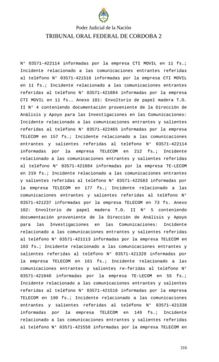 Poder Judicial de la Nación
TRIBUNAL ORAL FEDERAL DE CORDOBA 2
N° 03571-422114 informadas por la empresa CTI MOVIL en 11 fs.;
Incidente relacionado a las comunicaciones entrantes referidas
al teléfono N° 03571-421516 informadas por la empresa CTI MOVIL
en 11 fs.; Incidente relacionado a las comunicaciones entrantes
referidas al teléfono N° 03571-421884 informadas por la empresa
CTI MOVIL en 11 fs.. Anexo 101: Envoltorio de papel madera T.O.
II N° 4 conteniendo documentación proveniente de la Dirección de
Análisis y Apoyo para las Investigaciones en las Comunicaciones:
Incidente relacionado a las comunicaciones entrantes y salientes
referidas al teléfono N° 03571-422465 informadas por la empresa
TELECOM en 157 fs.; Incidente relacionado a las comunicaciones
entrantes y salientes referidas al teléfono N° 03571-422114
informadas por la empresa TELECOM en 212 fs.; Incidente
relacionado a las comunicaciones entrantes y salientes referidas
al teléfono N° 03571-421884 informadas por la empresa TE-LECOM
en 219 fs.; Incidente relacionado a las comunicaciones entrantes
y salientes referidas al teléfono N° 03571-422583 informadas por
la empresa TELECOM en 177 fs.; Incidente relacionado a las
comunicaciones entrantes y salientes referidas al teléfono N°
03571-421237 informadas por la empresa TELECOM en 73 fs. Anexo
102: Envoltorio de papel madera T.O. II N° 5 conteniendo
documentación proveniente de la Dirección de Análisis y Apoyo
para las Investigaciones en las Comunicaciones: Incidente
relacionado a las comunicaciones entrantes y salientes referidas
al teléfono N° 03571-421113 informadas por la empresa TELECOM en
103 fs.; Incidente relacionado a las comunicaciones entrantes y
salientes referidas al teléfono N° 03571-421328 informadas por
la empresa TELECOM en 161 fs.; Incidente relacionado a las
comunicaciones entrantes y salientes re-feridas al teléfono N°
03571-421048 informadas por la empresa TE-LECOM en 55 fs.;
Incidente relacionado a las comunicaciones entrantes y salientes
referidas al teléfono N° 03571-421516 informadas por la empresa
TELECOM en 190 fs.; Incidente relacionado a las comunicaciones
entrantes y salientes referidas al teléfono N° 03571-421338
informadas por la empresa TELECOM en 149 fs.; Incidente
relacionado a las comunicaciones entrantes y salientes referidas
al teléfono N° 03571-421558 informadas por la empresa TELECOM en
316
 