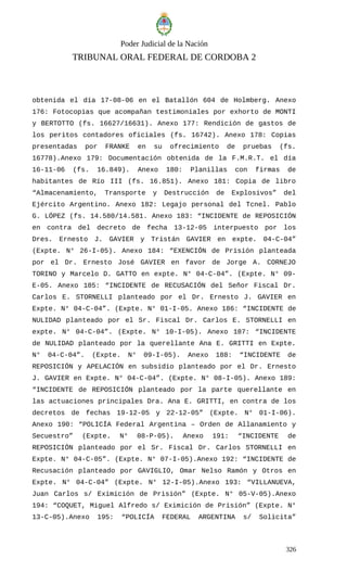Poder Judicial de la Nación
TRIBUNAL ORAL FEDERAL DE CORDOBA 2
obtenida el día 17-08-06 en el Batallón 604 de Holmberg. Anexo
176: Fotocopias que acompañan testimoniales por exhorto de MONTI
y BERTOTTO (fs. 16627/16631). Anexo 177: Rendición de gastos de
los peritos contadores oficiales (fs. 16742). Anexo 178: Copias
presentadas por FRANKE en su ofrecimiento de pruebas (fs.
16778).Anexo 179: Documentación obtenida de la F.M.R.T. el día
16-11-06 (fs. 16.849). Anexo 180: Planillas con firmas de
habitantes de Río III (fs. 16.851). Anexo 181: Copia de libro
“Almacenamiento, Transporte y Destrucción de Explosivos” del
Ejército Argentino. Anexo 182: Legajo personal del Tcnel. Pablo
G. LÓPEZ (fs. 14.580/14.581. Anexo 183: “INCIDENTE de REPOSICIÓN
en contra del decreto de fecha 13-12-05 interpuesto por los
Dres. Ernesto J. GAVIER y Tristán GAVIER en expte. 04-C-04”
(Expte. N° 26-I-05). Anexo 184: “EXENCIÓN de Prisión planteada
por el Dr. Ernesto José GAVIER en favor de Jorge A. CORNEJO
TORINO y Marcelo D. GATTO en expte. N° 04-C-04”. (Expte. N° 09-
E-05. Anexo 185: “INCIDENTE de RECUSACIÓN del Señor Fiscal Dr.
Carlos E. STORNELLI planteado por el Dr. Ernesto J. GAVIER en
Expte. N° 04-C-04”. (Expte. N° 01-I-05. Anexo 186: “INCIDENTE de
NULIDAD planteado por el Sr. Fiscal Dr. Carlos E. STORNELLI en
expte. N° 04-C-04”. (Expte. N° 10-I-05). Anexo 187: “INCIDENTE
de NULIDAD planteado por la querellante Ana E. GRITTI en Expte.
N° 04-C-04”. (Expte. N° 09-I-05). Anexo 188: “INCIDENTE de
REPOSICIÓN y APELACIÓN en subsidio planteado por el Dr. Ernesto
J. GAVIER en Expte. N° 04-C-04”. (Expte. N° 08-I-05). Anexo 189:
“INCIDENTE de REPOSICIÓN planteado por la parte querellante en
las actuaciones principales Dra. Ana E. GRITTI, en contra de los
decretos de fechas 19-12-05 y 22-12-05” (Expte. N° 01-I-06).
Anexo 190: “POLICÍA Federal Argentina – Orden de Allanamiento y
Secuestro” (Expte. N° 08-P-05). Anexo 191: “INCIDENTE de
REPOSICIÓN planteado por el Sr. Fiscal Dr. Carlos STORNELLI en
Expte. N° 04-C-05”. (Expte. N° 07-I-05).Anexo 192: “INCIDENTE de
Recusación planteado por GAVIGLIO, Omar Nelso Ramón y Otros en
Expte. N° 04-C-04” (Expte. N° 12-I-05).Anexo 193: “VILLANUEVA,
Juan Carlos s/ Eximición de Prisión” (Expte. N° 05-V-05).Anexo
194: “COQUET, Miguel Alfredo s/ Eximición de Prisión” (Expte. N°
13-C-05).Anexo 195: “POLICÍA FEDERAL ARGENTINA s/ Solicita”
326
 