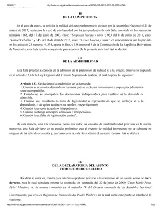 Sentencia Tribunal Supremo de Justicia Nro. 155-2017 ordena revisar politica exterior y limita inmunidad parlamentaria de diputados en Venezuela