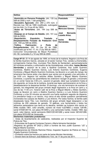 24 
Delitos 
Responsabilidad 
-Homicidio en Persona Protegida. (Art. 135 Ley 599 de 2000 y núm. 1 del parágrafo). 
-Secuestro Agravado. (Art. 269 y 270 núm. 2 Decreto Ley 100 de 1980 modificado, subrogado por los Arts. 2 y 3 Ley 40 de 1993). 
-Actos de Terrorismo. (Art. 144 Ley 599 de 2000). 
-Despojo en el Campo de Batalla. (Art. 151 Ley 599 de 2000). 
-Deportación, Expulsión, Traslado o Desplazamiento Forzado de Población Civil. (Art. 159 Ley 599 de 2000). 
-Tráfico, Fabricación y Porte de Estupefacientes. (Art. 33 Ley 30 de 1986, modificado por el Art. 17, inc. 2 Ley 365 de 1997). 
Concurren Circunstancias de Mayor Punibilidad Art. 58, numerales 5 y 10 Ley 599 de 2000. 
Postulado 
Autoría 
Salvatore Mancuso Gómez. 
José Bernardo Lozada Artuz. 
Isaías Montes Hernández. 
Coautores Impropios. 
Cargo Nº 61. El 14 de agosto de 1999, en horas de la mañana, llegaron a la finca de la familia Guerrero García, ubicada en el sector Campo Tres, vereda La Esmeralda, corregimiento Campo Dos, municipio Tibú (Norte de Santander), aproximadamente 40 hombres armados y uniformados de las Autodefensas, entre ellos Isaías Montes Hernández y sacaron de la casa a Apolinar Contreras, Ana Judith Guerrero Contreras, Abelino Guerrero García, Luis Antonio Guerrero Contreras, Eugenia Contreras y Miguel Alberto Guerrero Contreras, los llevaron a un palo de mango, les amarraron las manos atrás y les dijeron que venían por el ganado y los vehículos. A las 9:00 a.m. llegaron los señores Alides Quintero y Miguel Alberto Guerrero Contreras, a quienes los paramilitares les ordenaron recoger el ganado y encerrarlo en un corral; hacia las 3:00 p.m., sacaron el ganado, labor que cumplieron hasta el día siguiente, en horas de la mañana, durante ese lapso permanecieron en la finca y desabastecieron la despensa familiar. El domingo, una vez terminaron de sustraer el ganado, los integrantes del grupo armado ilegal regresaron a la finca en carro y a eso de las 11:00 a.m. hicieron salir de la finca a Miguel Alberto y Alides Quintero, luego se llevaron en carro a Abelino Guerrero García y a Luis Antonio Guerrero Contreras y a los 20 minutos se escuchó una fuerte explosión seguida de disparos. Le prendieron fuego a un rancho, muy cerca al sitio donde quedaron parcialmente incinerados los cuerpos de Abelino y Luis Antonio. Por estos hechos, la familia salió desplazada hacia Tibú. Los miembros del grupo armado ilegal despojaron a las víctimas de 200 cabezas de ganado, 10 gallinas, una herramienta y todos los alimentos perecederos que tenía en la alacena, también se hurtaron dos carros un Willis modelo 1961, color amarillo, número de motor 4J279663 y chasis 126166, serial 57548126116, con placa IW-5093 y una camioneta Caribe, modelo 1994, tipo sport, color blanco, serial carrocería 05k51CEV401288 y serial motor GEV401288, con placa SCG-930 de Venezuela. 
Elementos materiales probatorios: 
- Actas de levantamiento de cadáveres, realizadas por el Inspector Superior de Policía de Tibú. 
- Entrevistas de Eugenia Contreras Carrero y María Istmenia Hernández 
-Registros de ganado Nº 2423 y 2424 a nombre de Ana Judith Guerrero “JG” y Miguel Alberto Guerrero. 
- Declaraciones de Orlando Ramírez Flórez, Inspector Superior de Policía en Tibú y Ángela Guerrero Contreras. 
- Confesión sobre los hechos por parte de Isaías Montes Hernández. 
- Versión libre de Edinson José Baldovino Toro, de 17 de junio de 2011.  