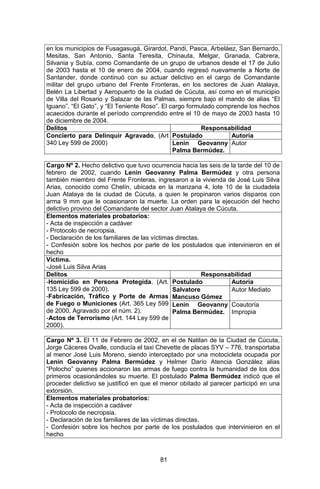 81 
en los municipios de Fusagasugá, Girardot, Pandi, Pasca, Arbeláez, San Bernardo, Mesitas, San Antonio, Santa Teresita, Chinauta, Melgar, Granada, Cabrera, Silvania y Subía, como Comandante de un grupo de urbanos desde el 17 de Julio de 2003 hasta el 10 de enero de 2004, cuando regresó nuevamente a Norte de Santander, donde continuó con su actuar delictivo en el cargo de Comandante militar del grupo urbano del Frente Fronteras, en los sectores de Juan Atalaya, Belén La Libertad y Aeropuerto de la ciudad de Cúcuta, así como en el municipio de Villa del Rosario y Salazar de las Palmas, siempre bajo el mando de alias “El Iguano”, “El Gato”, y “El Teniente Roso”. El cargo formulado comprende los hechos acaecidos durante el período comprendido entre el 10 de mayo de 2003 hasta 10 de diciembre de 2004. 
Delitos 
Responsabilidad 
Concierto para Delinquir Agravado, (Art 340 Ley 599 de 2000) 
Postulado 
Autoría 
Lenin Geovanny Palma Bermúdez. 
Autor 
Cargo Nº 2. Hecho delictivo que tuvo ocurrencia hacia las seis de la tarde del 10 de febrero de 2002, cuando Lenin Geovanny Palma Bermúdez y otra persona también miembro del Frente Fronteras, ingresaron a la vivienda de José Luis Silva Arias, conocido como Chelín, ubicada en la manzana 4, lote 10 de la ciudadela Juan Atalaya de la ciudad de Cúcuta, a quien le propinaron varios disparos con arma 9 mm que le ocasionaron la muerte. La orden para la ejecución del hecho delictivo provino del Comandante del sector Juan Atalaya de Cúcuta. 
Elementos materiales probatorios: 
- Acta de inspección a cadáver 
- Protocolo de necropsia. 
- Declaración de los familiares de las víctimas directas. 
- Confesión sobre los hechos por parte de los postulados que intervinieron en el hecho 
Víctima. 
-José Luis Silva Arias 
Delitos 
Responsabilidad 
-Homicidio en Persona Protegida. (Art. 135 Ley 599 de 2000). 
-Fabricación, Tráfico y Porte de Armas de Fuego o Municiones (Art. 365 Ley 599 de 2000, Agravado por el núm. 2). 
-Actos de Terrorismo (Art. 144 Ley 599 de 2000). 
Postulado 
Autoría 
Salvatore Mancuso Gómez 
Autor Mediato 
Lenin Geovanny Palma Bermúdez. 
Coautoría Impropia 
Cargo Nº 3. El 11 de Febrero de 2002, en el de Natilan de la Ciudad de Cúcuta, Jorge Cáceres Ovalle, conducía el taxi Chevette de placas SYV – 776, transportaba al menor José Luis Moreno, siendo interceptado por una motocicleta ocupada por Lenin Geovanny Palma Bermúdez y Helmer Darío Atencia González alias “Polocho” quienes accionaron las armas de fuego contra la humanidad de los dos primeros ocasionándoles su muerte. El postulado Palma Bermúdez indicó que el proceder delictivo se justificó en que el menor obitado al parecer participó en una extorsión. 
Elementos materiales probatorios: 
- Acta de inspección a cadáver 
- Protocolo de necropsia. 
- Declaración de los familiares de las víctimas directas. 
- Confesión sobre los hechos por parte de los postulados que intervinieron en el hecho  
