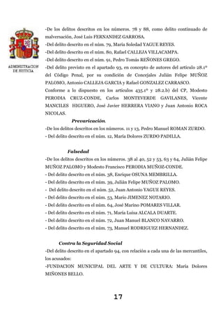 -De los delitos descritos en los números. 78 y 88, como delito continuado de
malversación, José Luis FERNANDEZ GARROSA.
-Del delito descrito en el núm. 79, María Soledad YAGUE REYES.
-Del delito descrito en el núm. 80, Rafael CALLEJA VILLACAMPA.
-Del delito descrito en el núm. 91, Pedro Tomás REÑONES GREGO.
-Del delito previsto en el apartado 93, en concepto de autores del artículo 28.1º
del Código Penal, por su condición de Concejales Julián Felipe MUÑOZ
PALOMO, Antonio CALLEJA GARCIA y Rafael GONZALEZ CARRASCO.
Conforme a lo dispuesto en los artículos 435.1º y 28.2.b) del CP, Modesto
PERODIA

CRUZ-CONDE,

Carlos

MONTEVERDE

GAVILANES,

Vicente

MANCILES HIGUERO, José Javier HERRERA VIANO y Juan Antonio ROCA
NICOLAS.
Prevaricación.
-De los delitos descritos en los números. 11 y 13, Pedro Manuel ROMAN ZURDO.
- Del delito descrito en el núm. 12, María Dolores ZURDO PADILLA.
Falsedad
-De los delitos descritos en los números. 38 al 40, 52 y 53, 63 y 64, Julián Felipe
MUÑOZ PALOMO y Modesto Francisco PERODIA MUÑOZ-CONDE.
- Del delito descrito en el núm. 38, Enrique OSUNA MEMBRILLA.
- Del delito descrito en el núm. 39, Julián Felipe MUÑOZ PALOMO.
- Del delito descrito en el núm. 52, Juan Antonio YAGUE REYES.
- Del delito descrito en el núm. 53, Mario JIMENEZ NOTARIO.
- Del delito descrito en el núm. 64, José Marino POMARES VILLAR.
- Del delito descrito en el núm. 71, María Luisa ALCALA DUARTE.
- Del delito descrito en el núm. 72, Juan Manuel BLANCO NAVARRO.
- Del delito descrito en el núm. 73, Manuel RODRIGUEZ HERNANDEZ.
Contra la Seguridad Social
-Del delito descrito en el apartado 94, con relación a cada una de las mercantiles,
los acusados:
-FUNDACION MUNICIPAL DEL ARTE Y DE CULTURA: María Dolores
MIÑONES BELLO.

17

 