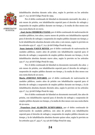 inhabilitación absoluta durante ocho años, según lo previsto en los artículos
432.1º, 74 y 56 del Código Penal de 1995.
Por el delito continuado de falsedad en documento mercantil, dos años y
seis meses de prisión, con inhabilitación especial para el derecho de sufragio y
suspensión de empleo público durante ese tiempo, y la multa de diez meses con
una cuota diaria de 20 euros.
_José Javier HERRERA VIANO, por el delito continuado de malversación de
caudales públicos, tres años y nueve meses de prisión con inhabilitación especial
para el derecho de sufragio y suspensión de empleo público durante ese tiempo, y
la de inhabilitación absoluta durante ocho años y seis meses, según lo previsto en
los artículos 432.2º, 435.1º, 74 y 56 del Código Penal de 1995.
Juan Antonio YAGUE REYES, por el delito continuado de malversación de
caudales públicos, cuatro años de prisión con inhabilitación especial para el
derecho de sufragio y suspensión de empleo público durante ese tiempo, y la de
inhabilitación absoluta durante nueve años, según lo previsto en los artículos
432.1º, 74 y 56 del Código Penal de 1995.
Por el delito continuado de falsedad en documento mercantil, dos años y
seis meses de prisión, con inhabilitación especial para el derecho de sufragio y
suspensión de empleo público durante ese tiempo, y la multa de diez meses con
una cuota diaria de 20 euros.
Mario JIMENEZ NOTARIO, por el delito continuado de malversación de
caudales públicos, cuatro años de prisión con inhabilitación especial para el
derecho de sufragio y suspensión de empleo público durante ese tiempo, y la de
inhabilitación absoluta durante dieciséis años, según lo previsto en los artículos
432.1º, 74 y 56 del Código Penal de 1995.
Por el delito continuado de falsedad en documento mercantil, dos años de
prisión, con inhabilitación especial para el derecho de sufragio y suspensión de
empleo público durante ese tiempo, y la multa de diez meses con una cuota diaria
de 20 euros.
_Francisco José ALARCÓN ECHEVARRIA, por el delito continuado de
malversación de caudales públicos, seis años de prisión con inhabilitación
especial para el derecho de sufragio y suspensión de empleo público durante ese
tiempo, y la de inhabilitación absoluta durante quince años, según lo previsto en
los artículos 432.2º, 435.1º, 74 y 56 del Código Penal de 1995.

24

 