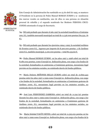 Este Consejo de Administración fue sustituido en 25 de abril de 1995, se mantuvo
el Presidente en la persona de Pedro Manuel ROMAN ZURDO y se nombraron
dos nuevos vocales en sustitución, uno de ellos es una persona en situación
procesal de rebeldía y el segundo nombrado fue Modesto PERODIA CRUZCONDE ostentando el cargo de Secretario.
74.- NO está probado que durante el año 1997 la sociedad transfiriera a Contratas
200, S.L, también mercantil municipal un total de 11.536.000 pesetas (69.332, 76
€).
75.- NO está probado que durante los ejercicios 1994 y 1995, la sociedad recibiera
de Eventos 2000 S.L, ingresos por importe de 8.300.000 pesetas y de Jardines
2000 S.L, también municipal, 5.100.000 pesetas – total 80.535,62 €.
76.- Pedro Manuel ROMAN ZURDO en los años 1997 y 1998 cobró un total de
8.080.002 pesetas, como Concejal en dedicación plena, con cargo a los fondos de
la sociedad, formalizados en asistencias a Comisiones gestoras, mecanismo legal
previsto en los estatutos sociales, no existiendo desvío de fondos públicos.
77.- María Dolores MIÑONES BELLO ZURDO cobró un total de 10.890.443
pesetas entre los años 1997 a 1999 como Concejal en dedicación plena, con cargo
a los fondos de la sociedad, formalizados en asistencias a Comisiones gestoras de
Jardines 2000, S.L, mecanismo legal previsto en los estatutos sociales, no
existiendo desvío de fondos públicos.
78.- José Luis FERNÁNDEZ GARROSA cobró un total de 11.241.747 pesetas
durante los años 1997 a 1999 como Concejal en dedicación plena, con cargo a los
fondos de la sociedad, formalizados en asistencias a Comisiones gestoras de
Jardines 2000, S.L, mecanismo legal previsto en los estatutos sociales, no
existiendo desvío de fondos públicos.
79.- María Soledad YAGÜE REYES, cobró un total de 11.593.051 pesetas en los
años 1997 a 1999 como Concejal en dedicación plena, con cargo a los fondos de la

69

 