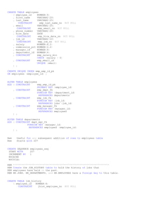 CREATE TABLE employees
    ( employee_id    NUMBER(6)
    , first_name     VARCHAR2(20)
    , last_name      VARCHAR2(25)
        CONSTRAINT     emp_last_name_nn NOT NULL
    , email          VARCHAR2(25)
       CONSTRAINT     emp_email_nn NOT NULL
    , phone_number   VARCHAR2(20)
    , hire_date      DATE
       CONSTRAINT     emp_hire_date_nn NOT NULL
    , job_id         VARCHAR2(10)
       CONSTRAINT     emp_job_nn NOT NULL
    , salary         NUMBER(8,2)
    , commission_pct NUMBER(2,2)
    , manager_id     NUMBER(6)
    , department_id NUMBER(4)
    , CONSTRAINT     emp_salary_min
                     CHECK (salary > 0)
    , CONSTRAINT     emp_email_uk
                     UNIQUE (email)
    ) ;

CREATE UNIQUE INDEX emp_emp_id_pk
ON employees (employee_id) ;


ALTER TABLE employees
ADD ( CONSTRAINT      emp_emp_id_pk
                      PRIMARY KEY (employee_id)
    , CONSTRAINT      emp_dept_fk
                      FOREIGN KEY (department_id)
                       REFERENCES departments
    , CONSTRAINT      emp_job_fk
                      FOREIGN KEY (job_id)
                       REFERENCES jobs (job_id)
    , CONSTRAINT      emp_manager_fk
                      FOREIGN KEY (manager_id)
                       REFERENCES employees
    ) ;

ALTER TABLE departments
ADD ( CONSTRAINT dept_mgr_fk
              FOREIGN KEY (manager_id)
               REFERENCES employees (employee_id)
    ) ;


Rem     Useful for any subsequent addition of rows to employees table
Rem     Starts with 207


CREATE SEQUENCE employees_seq
 START WITH     207
 INCREMENT BY   1
 NOCACHE
 NOCYCLE;

REM   ********************************************************************
REM   Create the JOB_HISTORY table to hold the history of jobs that
REM   employees have held in the past.
REM   HR.JOBS, HR_DEPARTMENTS, and HR.EMPLOYEES have a foreign key to this table.


CREATE TABLE job_history
    ( employee_id   NUMBER(6)
        CONSTRAINT    jhist_employee_nn   NOT NULL
 