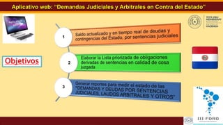 13Revisión y Actualización del SIARE
Aplicativo web: “Demandas Judiciales y Arbitrales en Contra del Estado”
1
2
3
Objetivos
 