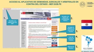 ACCESO AL APLICATIVO DE DEMANDAS JUDICIALES Y ARBITRALES EN
CONTRA DEL ESTADO - MEF.GOB.PE
Acceder a la
página web del
MEF
Acceder a la
página de
Contabilidad
Pública
1. 2.
Acceder al
módulo y al
manual de
usuario 3.
Link de
acceso al
módulo
4.
Manual de
Usuario
5.
 