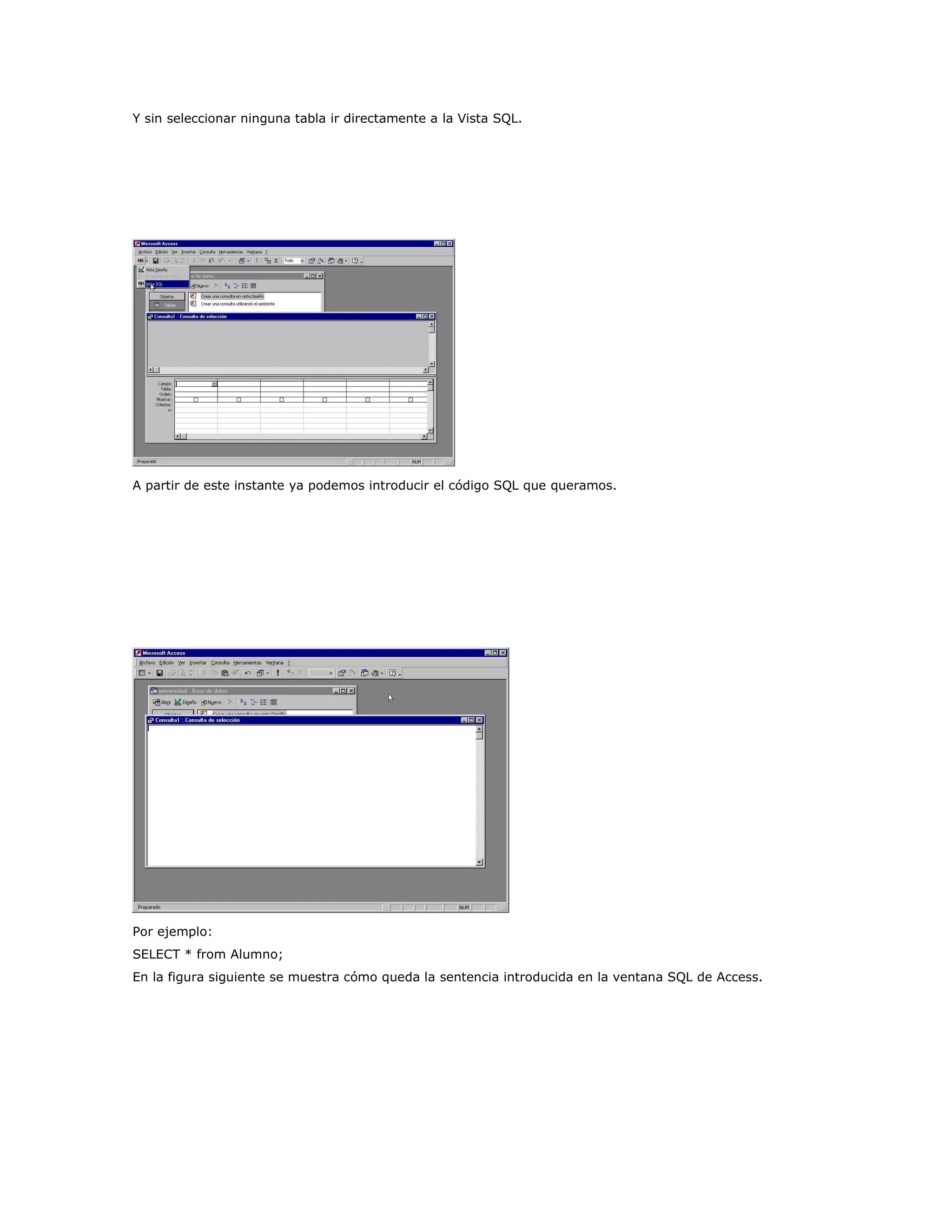 Y sin seleccionar ninguna tabla ir directamente a la Vista SQL.




A partir de este instante ya podemos introducir el código SQL que queramos.




Por ejemplo:
SELECT * from Alumno;
En la figura siguiente se muestra cómo queda la sentencia introducida en la ventana SQL de Access.
 