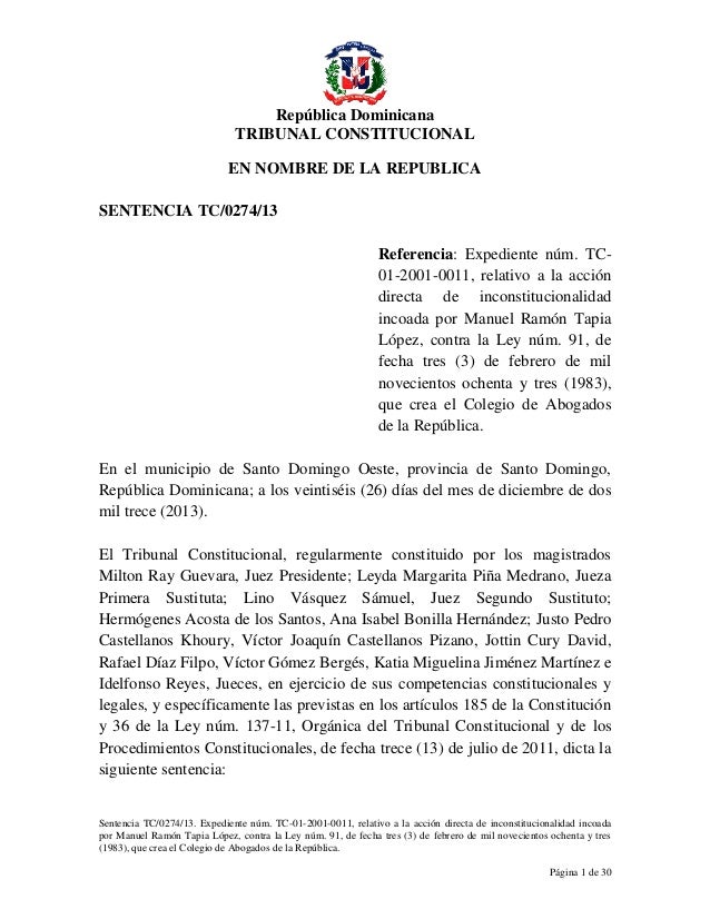Sentencia del Tribunal Constitucional 0274/13 que Declara 