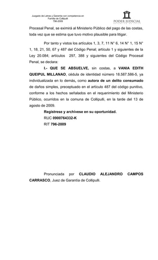 Juzgado de Letras y Garantía con competencia en
               Familia de Collipulli
                    796-2009


Procesal Penal, se eximirá al Ministerio Público del pago de las costas,
toda vez que se estima que tuvo motivo plausible para litigar.

           Por tanto y vistos los artículos 1, 3, 7, 11 N° 6, 14 N° 1, 15 N°
1, 18, 21, 50, 67 y 487 del Código Penal; artículo 1 y siguientes de la
Ley 20.084; artículos             297, 388 y siguientes del Código Procesal
Penal, se declara:
           I.- QUE SE ABSUELVE, sin costas, a VANIA EDITH
QUEIPUL MILLANAO, cédula de identidad número 18.587.586-5, ya
individualizada en lo demás, como autora de un delito consumado
de daños simples, preceptuado en el artículo 487 del código punitivo,
conforme a los hechos señalados en el requerimiento del Ministerio
Público, ocurridos en la comuna de Collipulli, en la tarde del 13 de
agosto de 2009.
           Regístrese y archívese en su oportunidad.
           RUC 0900764332-K
           RIT 796-2009




           Pronunciada            por      CLAUDIO   ALEJANDRO    CAMPOS
CARRASCO, Juez de Garantía de Collipulli.
 