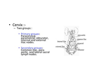 •  Cervix	
  :-­‐	
  
–  Two	
  groups	
  :	
  
•  Primary	
  groups:	
  
Paracervical,	
  
parametrial,	
  obturator,	
  
internal	
  and	
  external	
  
iliac	
  nodes.	
  
•  Secondary	
  groups:	
  
Common	
  iliac,	
  para-­‐
aor$c,	
  and	
  lateral	
  sacral	
  
lymph	
  nodes.	
  
 