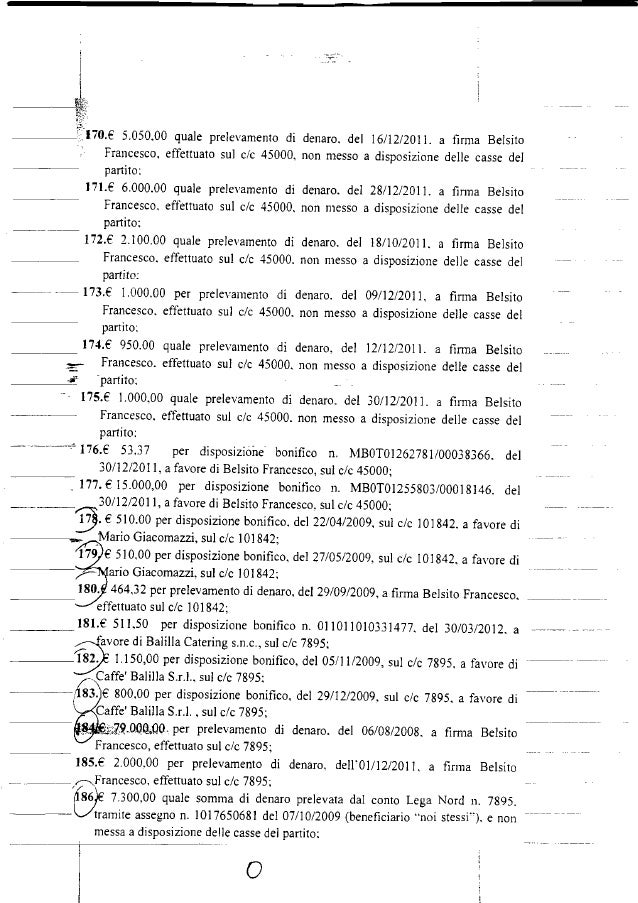. .. __'170.E 5.050.00 quale prelevamento di denaro. del 16/12/2011. a firma Belsito Francesco. effettuato sul c/c 45000, ...