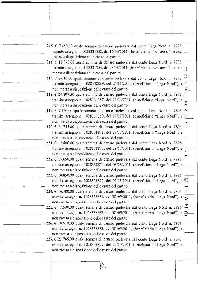 --. ._--- 215. € 7.450,00 quale somma di denaro prelevata dal conto Lega Nord n. 7895. tramite assegno n. 1028331352. del ...