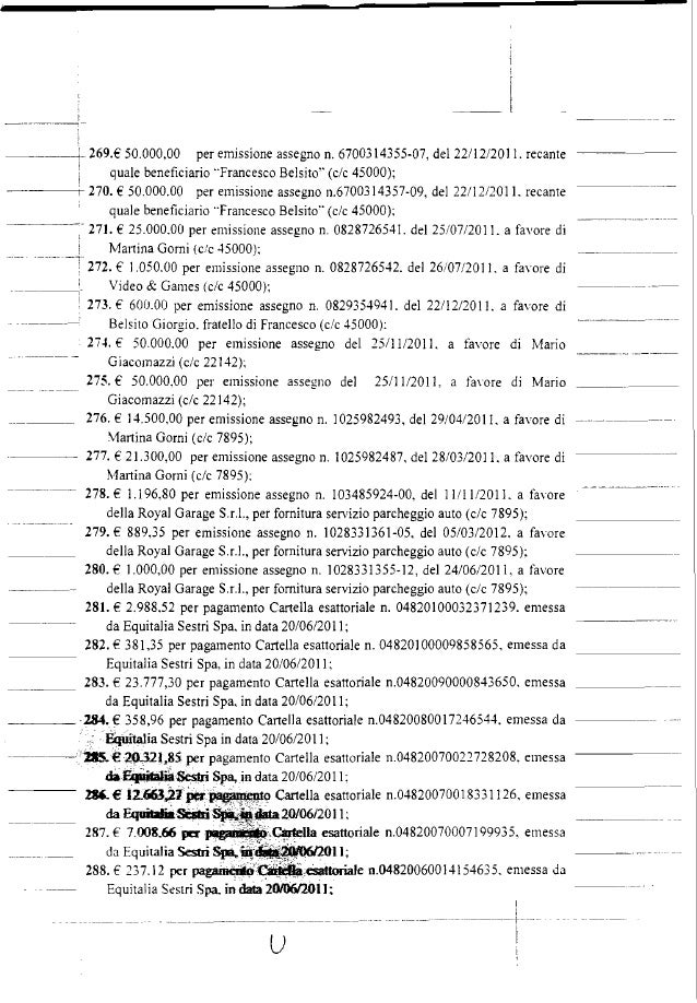 269.€ 50.000,00 per emissione assegno n. 6700314355-07, del 22112/2011. recante quale beneficiario Francesco Belsito (c/c ...