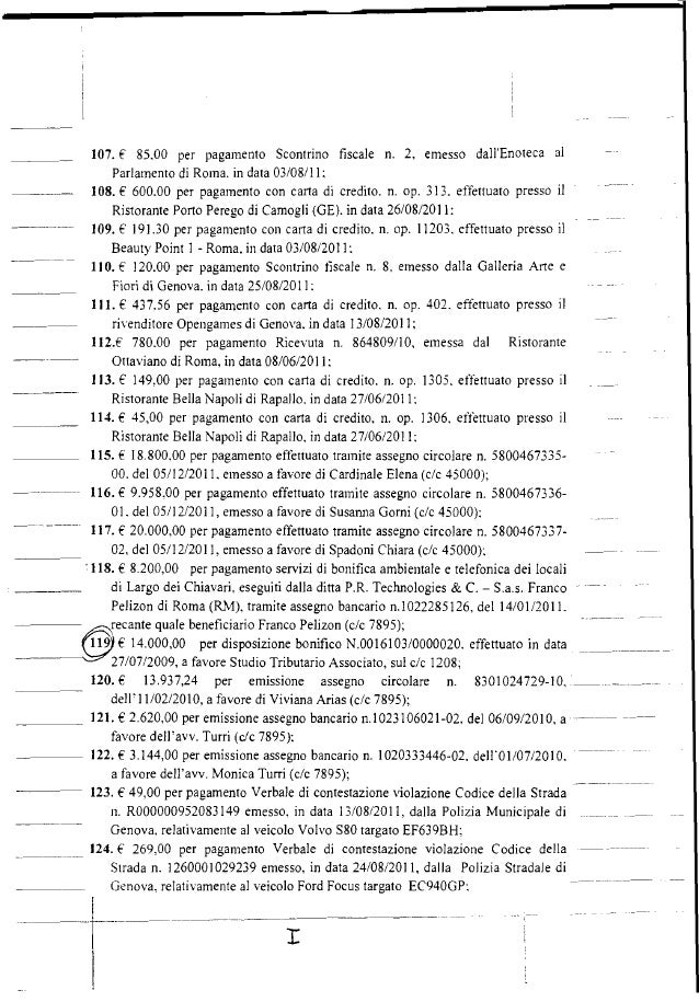 107. € 85.00 per pagamento Scontrino fiscale n. 2. emesso dall'Enoteca al Parlamento di Roma. in data 03/08/11: 108. E 600...