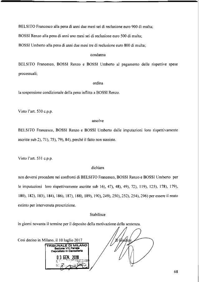 Lega, sentenza del Tribunale di Milano