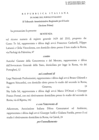 La sentenza del TAR sul caso Conto Tv - Lega Calcio (10/05/2010)