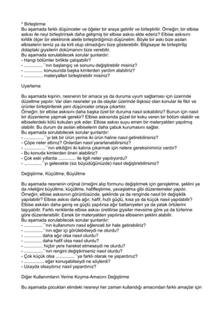 * Birleştirme
Bu aşamada farklı düşünceler ve öğeler bir araya getirilir ve birleştirilir. Örneğin; bir elbise
askısı ile neyi birleştirirsek daha gelişmiş bir elbise askısı elde ederiz? Elbise askısını
kirlilik ölçer bir elektronik aletle birleştirdiğimizi düşünelim. Böyle bir askı bize asılan
elbiselerin temiz ya da kirli olup olmadığını bize gösterebilir. Bilgisayar ile birleştirilip
dolaptaki giysilerin dokümanını bize verebilir.
Bu aşamada sorulabilecek sorular şunlardır:
- Hangi bölümler birlikte çalışabilir?
- ...............´´nın başlangıç ve sonunu değiştirebilir misiniz?
- ............... konusunda başka kimlerden yardım alabiliriz?
- ............... materyalleri birleştirebilir misiniz?
Uyarlama
Bu aşamada kişinin, nesnenin bir amaca ya da duruma uyum sağlaması için üzerinde
düzeltme yapılır. Var olan nesneler ya da olaylar üzerinde ilişkisiz olan konular ile fikir ve
ürünler birleştirilerek yeni düşünceler ortaya çıkartılır.
Örneğin; bir elbise askısını daha başka özel bir duruma nasıl sokabiliriz? Bunun için nasıl
bir düzenleme yapmak gerekir? Elbise askısında güzel bir koku veren bir bölüm olabilir ve
elbiselerdeki kötü kokuları yok eder. Elbise askısı suyu emen bir materyalden yapılmış
olabilir. Bu durum da asılan elbiselerin daha çabuk kurumasını sağlar.
Bu aşamada sorulabilecek sorular şunlardır:
- ................´´yı tek bir ürün yerine iki ürün haline nasıl getirebilirsiniz?
- Çöpe neler attınız? Onlardan nasıl yararlanabilirsiniz?
- .................´´nın etkiliğini iki katına çıkarmak için nelere gereksiniminiz vardır?
- Bu konuda kimlerden öneri alabiliriz?
- Çok eski yıllarda .............. ile ilgili neler yapılıyordu?
- ..............´´yı gelecekte (siz büyüdüğünüzde) nasıl değiştirebilirsiniz?
Değiştirme, Küçültme, Büyültme
Bu aşamada nesnenin orijinal örneğini alıp formunu değiştirmek için genişletme, şeklini ya
da niteliğini büyültme, küçültme, hafifleştirme, yavaşlatma gibi düzenlemeler yapılır.
Örneğin; elbise askısının görüntüsünde, şeklinde ya da renginde nasıl bir değişiklik
yapılabilir? Elbise askısı daha ağır, hafif, hızlı güçlü, kısa ya da küçük nasıl yapılabilir?
Elbise askıları daha geniş ve güçlü yapılırsa ağır battaniyeleri ya da yatak örtülerini
taşıyabilir. Farklı renklerde elbise askısı üretilirse giysiler mevsime göre ya da türlerine
göre düzenlenebilir. Esnek bir materyalden yapılırsa elbisenin şeklini alabilir.
Bu aşamada sorulabilecek sorular şunlardır:
- ...............´´nın kullanımını nasıl eğlenceli bir hale getirebiliriz?
- ...............´´nın eğer içi görülebilseydi ne olurdu?
- .............. daha ağır olsa nasıl olurdu?
- .............. daha hafif olsa nasıl olurdu?
- ............... hiçbir yere hareket etmeseydi ne olurdu?
- ...............´´nın rengini değiştirirseniz nasıl olurdu?
- Çok küçük olsa ...............´´ya farklı olarak ne yapardınız?
- ................ eğer konuşabilseydi ne söylerdi?
- Uzayda olsaydınız nasıl yapardınız?
Diğer Kullanımların Yerine Koyma-Amacını Değiştirme
Bu aşamada çocuktan elindeki nesneyi her zaman kullandığı amacından farklı amaçlar için
 
