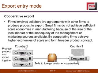 Export entry mode

 Cooperative export
 • Firms involves collaborative agreements with other firms to
   produce product t...