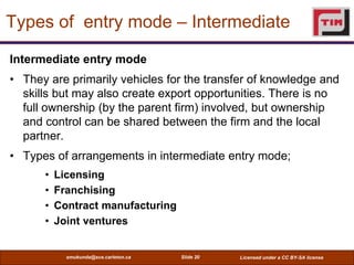 Types of entry mode – Intermediate

Intermediate entry mode
• They are primarily vehicles for the transfer of knowledge an...