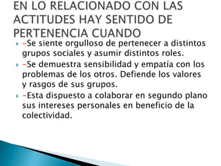 -Se siente orgulloso de pertenecer a distintos grupos sociales y asumir distintos roles.-Se demuestra sensibilidad y empatía con los problemas de los otros. Defiende los valores y rasgos de sus grupos.-Esta dispuesto a colaborar en segundo plano sus intereses personales en beneficio de la colectividad.EN LO RELACIONADO CON LAS ACTITUDES HAY SENTIDO DE PERTENENCIA CUANDO