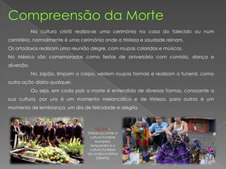 Fig. 5/6 –
Diferença entre a
cultura fúnebre
europeia
(esquerda) e a
cultura fúnebre
da américa latina
(direita)
Na cultura cristã realiza-se uma cerimónia na casa do falecido ou num
cemitério, normalmente é uma cerimónia onde a tristeza e saudade reinam.
Os ortodoxos realizam uma reunião alegre, com roupas coloridas e músicas.
No México são comemoradas como festas de aniversário com comida, dança e
diversão.
No Japão, limpam o corpo, vestem roupas formais e realizam o funeral, como
outra ação diária qualquer.
Ou seja, em cada país a morte é entendida de diversas formas, consoante a
sua cultura, por uns é um momento melancólico e de tristeza, para outros é um
momento de lembrança, um dia de felicidade e alegria.
 