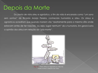 Do ponto de vista ateu e agnóstico, o fim da vida é encarada como “um sono
sem sonhos” diz Ricardo Araújo Pereira, conhecido humorista e ateu. Os ateus e
agnósticos acreditam que quando morrem vão “exatamente para o mesmo sítio onde
estavam antes de ter nascido, ou seja, lugar nenhum” diz o humorista. Em geral é esta
a opinião dos ateus em relação ao “pós-morte”.
Fig. 12 – Para Ateus e Agnósticos não há
nada antes e depois da vida.
 